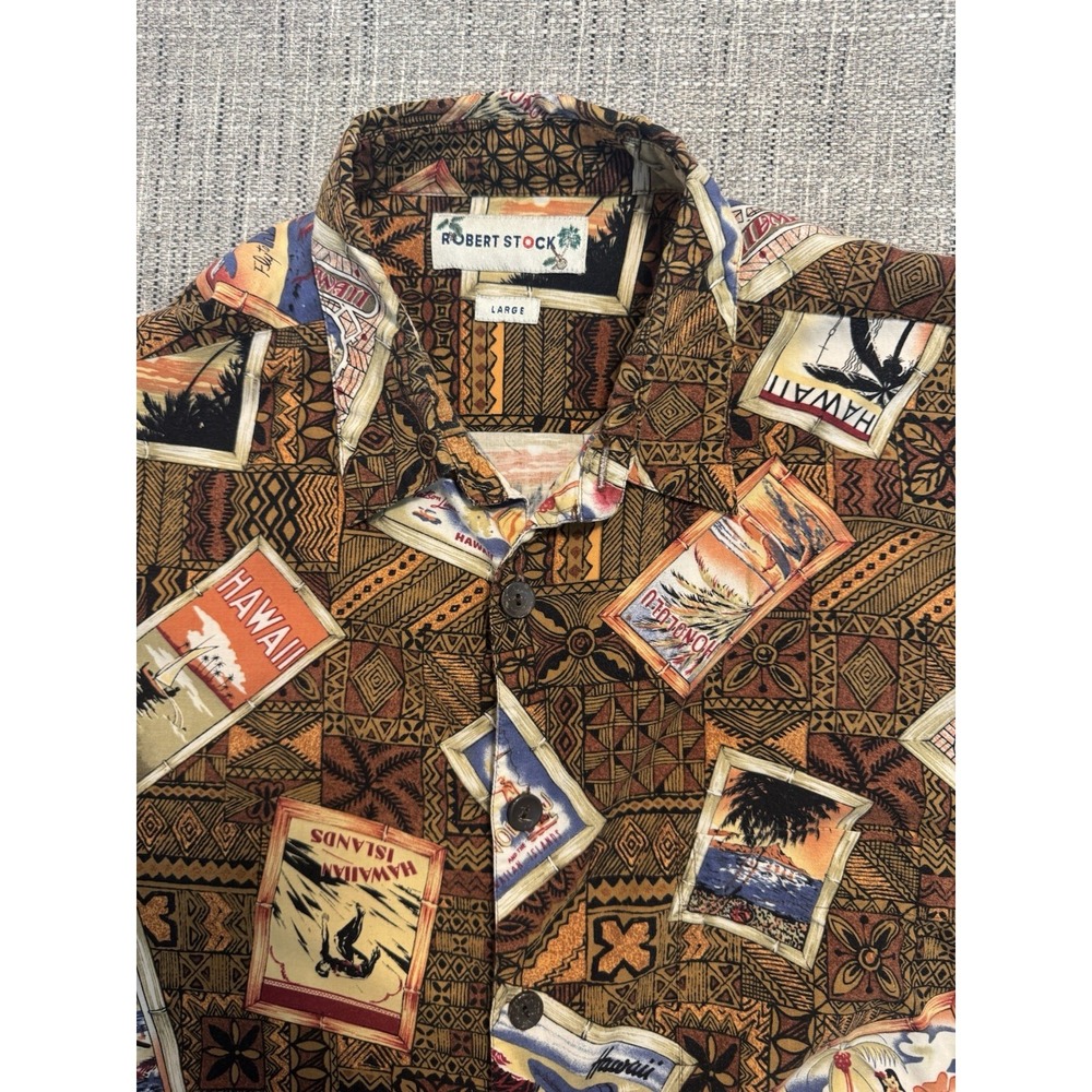 Robert Stock‎ Mens Large Vintage Postcard Print Button Down Hawaiian Shirt